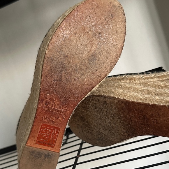 Chloe Black Suede Scalloped Espadrille Wedge Sandals with Ankle Buckle - Picture 6 of 8